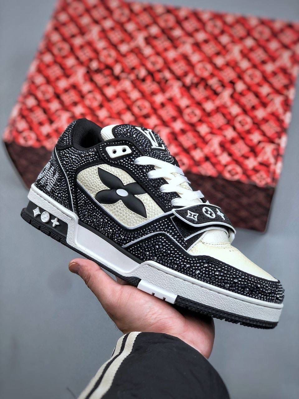 Black & white diamanté trainers